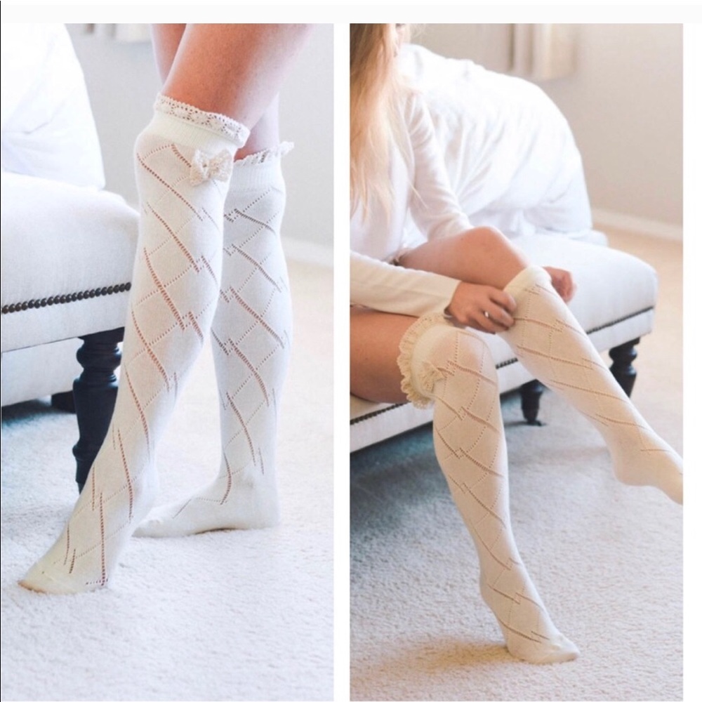 White Crochet Thigh High Stockings - Picture 2 of 3